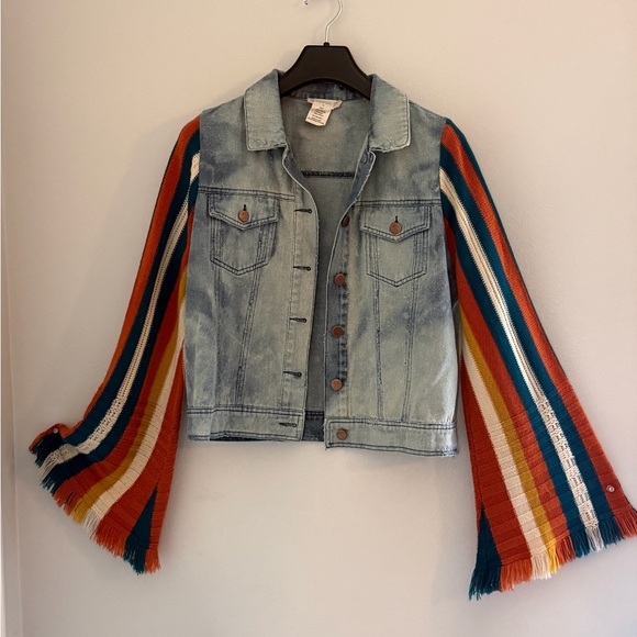Altar'd State Boho Denim Jacket with Knitted Striped Fringe Sleeves - Picture 2 of 4